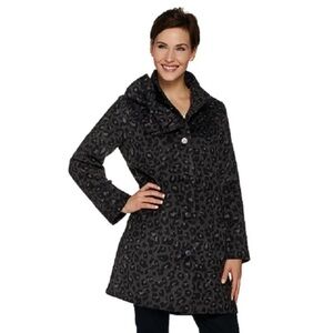 Dennis Basso NWT gray leopards print button front bow brooch coat SM 21” p2p